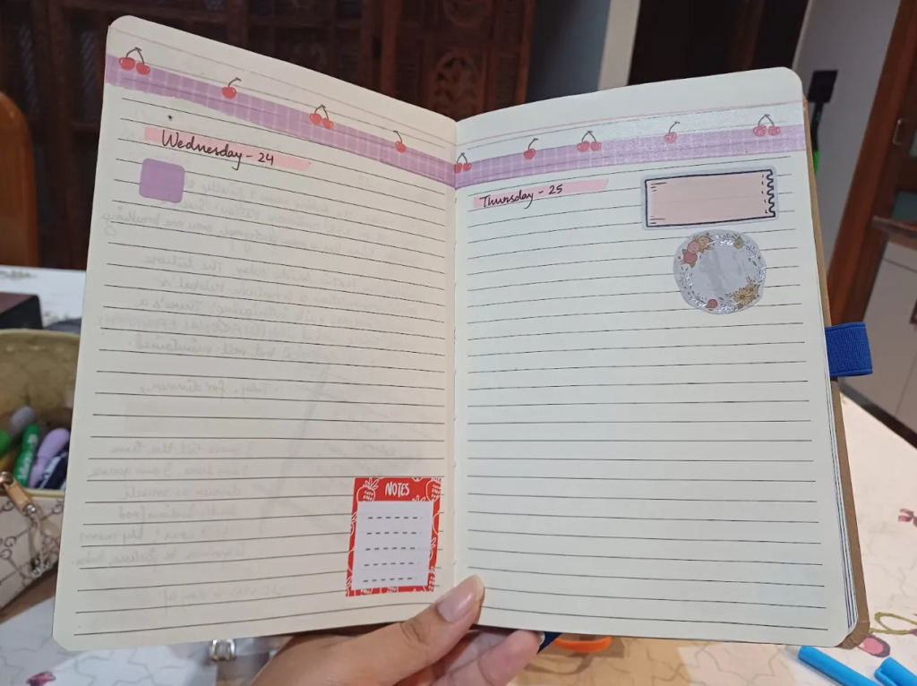  Step 4: Create Blank Spreads (Washi Tapes, Headings, Boxes, etc.) - made these empty spreads with washi tapes, inserted days and dates, along with some empty box or circle stickers and phrases