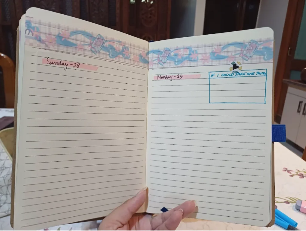  Step 4: Create Blank Spreads (Washi Tapes, Headings, Boxes, etc.) - made these empty spreads with washi tapes, inserted days and dates, along with some empty box or circle stickers and phrases