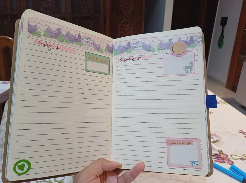  Step 4: Create Blank Spreads (Washi Tapes, Headings, Boxes, etc.) - made these empty spreads with washi tapes, inserted days and dates, along with some empty box or circle stickers and phrases