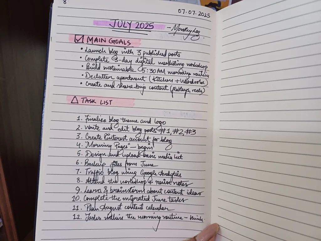 How to write a bullet journal-The Monthly Log-Task-list format for a monthly log spread. Use two highlighters in similar shades to clarify the sections. Keep ticking them off as your tasks for the month get completed