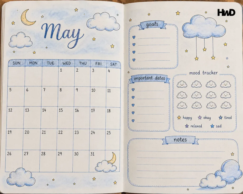 Cute Monthly Spread Ideas-Cloud and Sky Theme