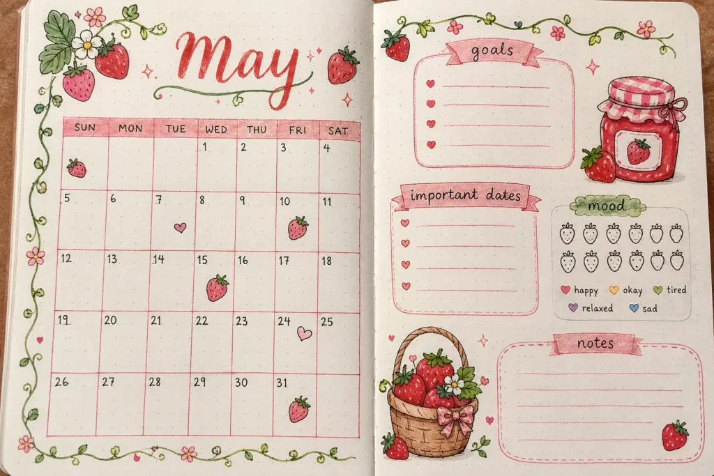 Cute Monthly Spread Ideas - Strawberry Theme