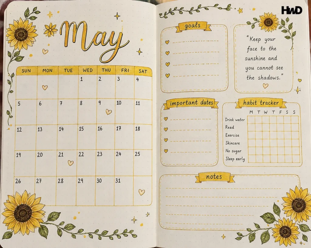 Cute Monthly Spread Ideas- Sunflower Theme