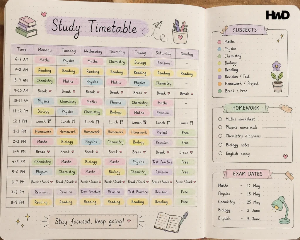 Cute Study Bullet Journal Ideas-Study Timetable Spread